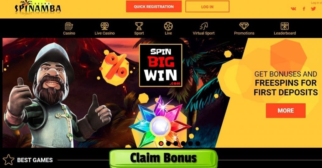 Get Welcome Bonuses and Free Spins in the casino Spinamba is in this image!