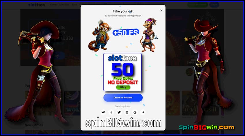 Get 50 Free Spins For Registration in the casino Slottica are in the photo.