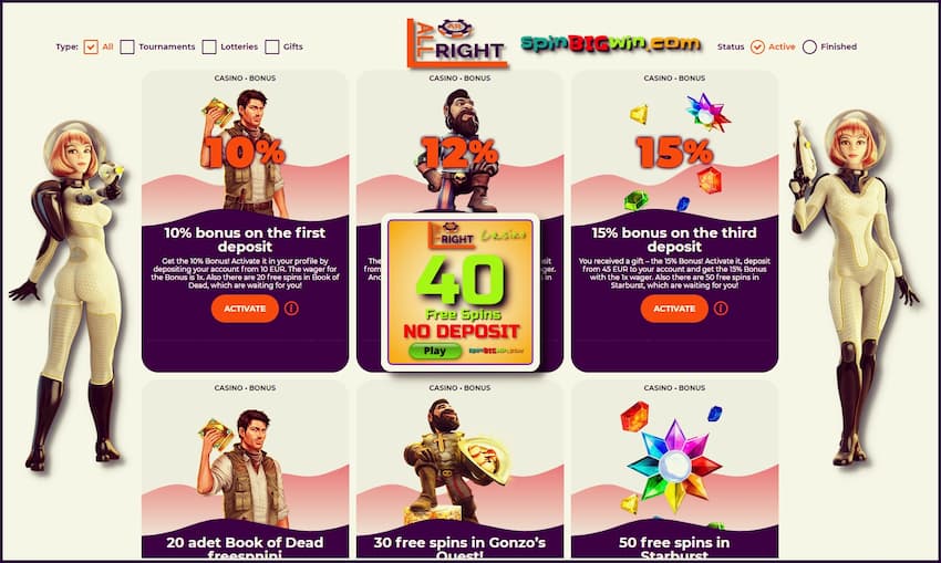 All Right Casino (Review) - 40 Free Spins No Deposit Bonus is on this image.