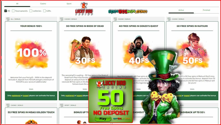 Get bonuses and special offers for players in the casino LuckyBird is in this image.