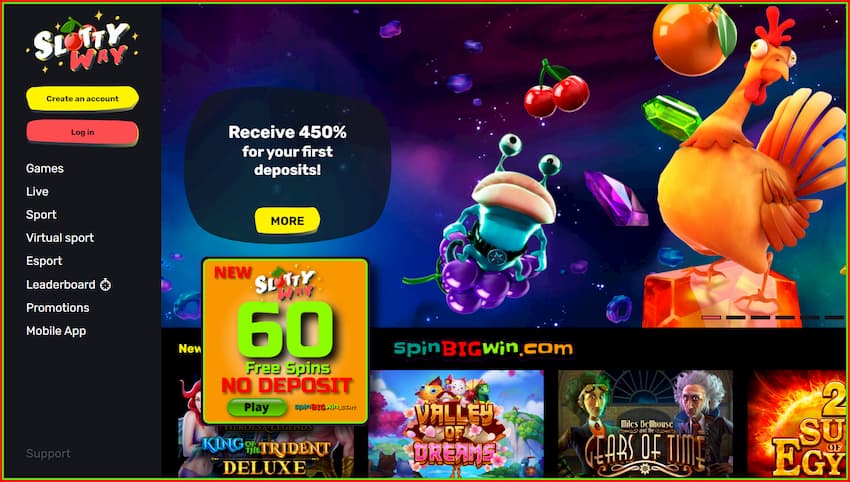 Get a Deposit bonus of 450% in the casino SlottyWay is in this photo.