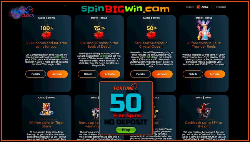 Deposit bonuses and free spins no deposit in the casino Fortune Clock are in the photo