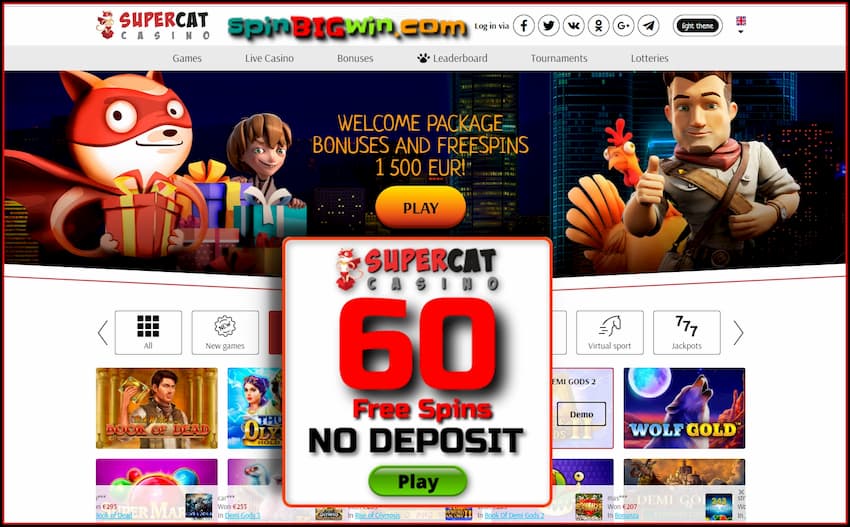 No Deposit Bonus (60FS) + Super Cat Casino Review! is in the photo.