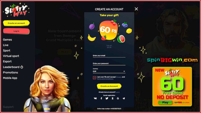 Complete the registration process in the casino SlottyWay and get 60 no deposit spins for new players is in this photo.