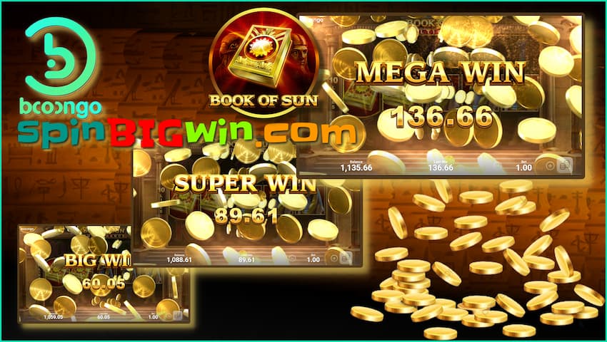 You can get Big win, Super Win and MEGA Win at the "Book of SUN Multichance" slot machine from Booongo is in this photo.