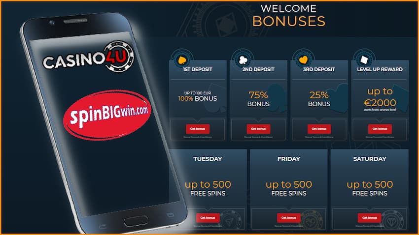 Casino4U mobile casino and best bonuses is in this photo.